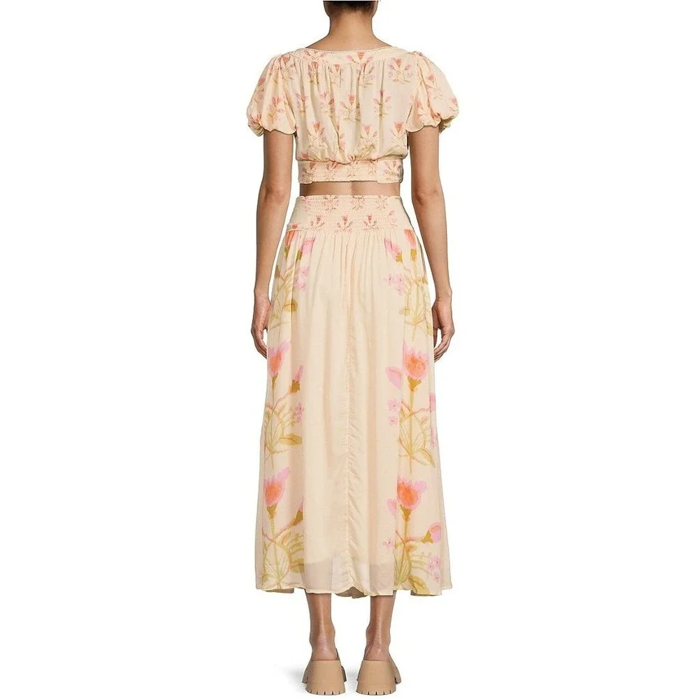 Free People Easy to Love Matching Set Cream Pink Floral Crop Top Skirt Medium